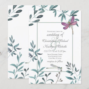 Dragonfly Garden Greenery op White Wedding Kaart