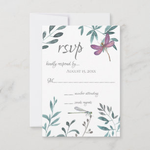 Dragonfly Garden Greenery op White Wedding RSVP Kaartje