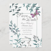 Dragonfly Garden Greenery op White Wedding Save The Date (Voorkant / Achterkant)