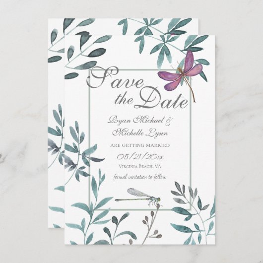 Dragonfly Garden Greenery op White Wedding Save The Date (Voorkant / Achterkant)