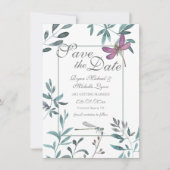Dragonfly Garden Greenery op White Wedding Save The Date (Voorkant)