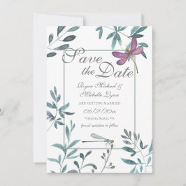  Dragonfly Garden Greenery op White Wedding Save The Date