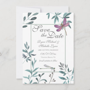 Dragonfly Garden Greenery op White Wedding Save The Date