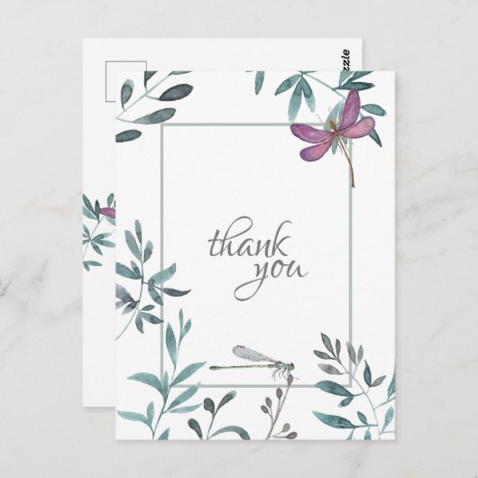 Dragonfly Garden Greenery, Wit Dank u Briefkaart (Voorkant / Achterkant)