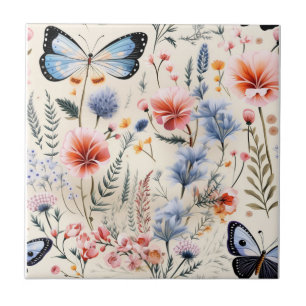 Dragonfly Garden Roze Blauwe Bloemen Tegeltje