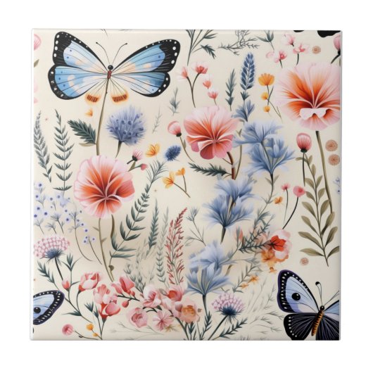 Dragonfly Garden Roze Blauwe Bloemen Tegeltje (Voorkant)