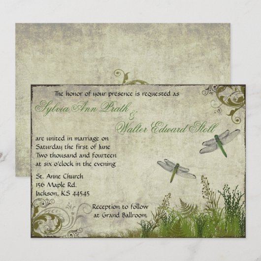 Dragonfly Garden Vintage Wedding Uitnodiging (Voorkant / Achterkant)