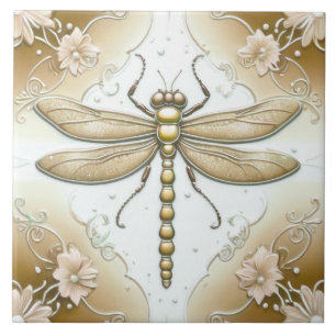 Dragonfly Goud en Witte Bloem Art Tan Brown Tegeltje