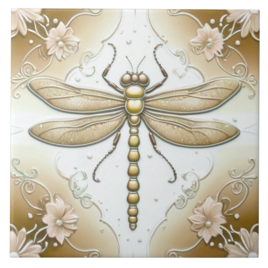 Dragonfly Goud en Witte Bloem Art Tan Brown Tegeltje (Voorkant)