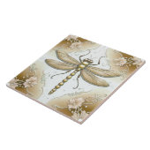 Dragonfly Goud en Witte Bloem Art Tan Brown Tegeltje (Zijkant)