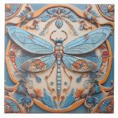 Dragonfly in decoratief blauw en goudgeel tegeltje (Voorkant)