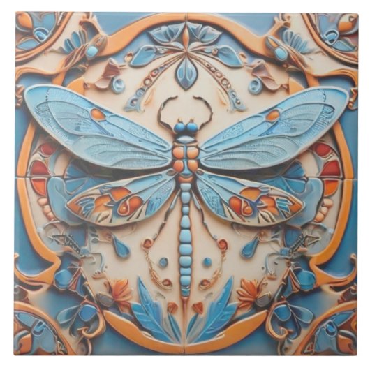 Dragonfly in decoratief blauw en goudgeel tegeltje (Voorkant)