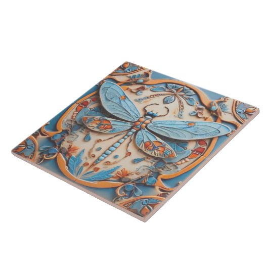Dragonfly in decoratief blauw en goudgeel tegeltje (Zijkant)