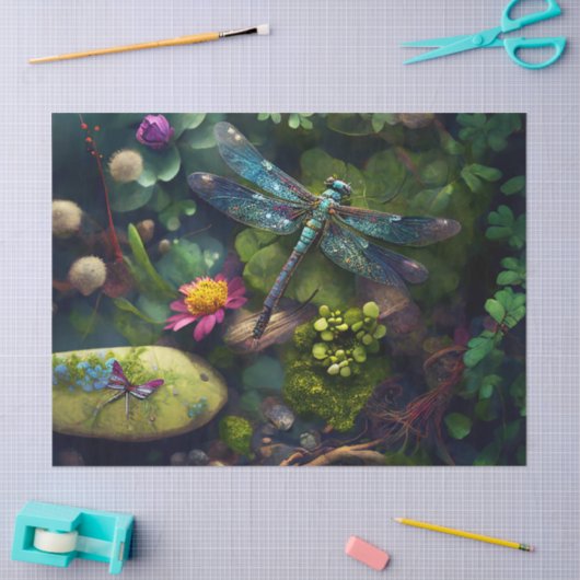 Dragonfly in een kleurrijke tuin tissuepapier (Craft)