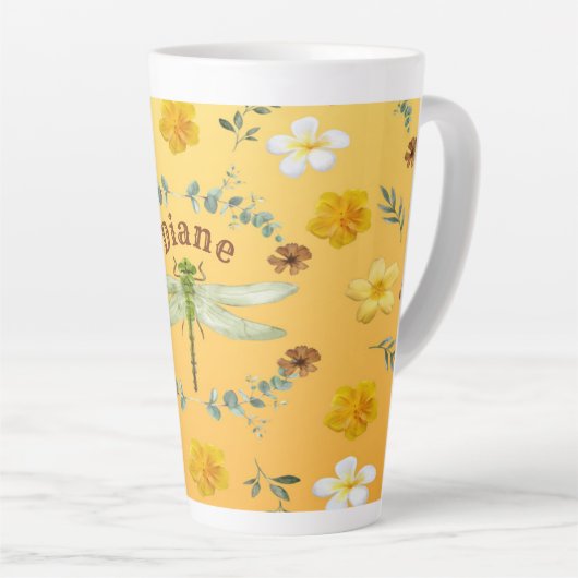 Dragonfly in Gold, groene, gele bloemen Latte Mok (Rechterhoek)
