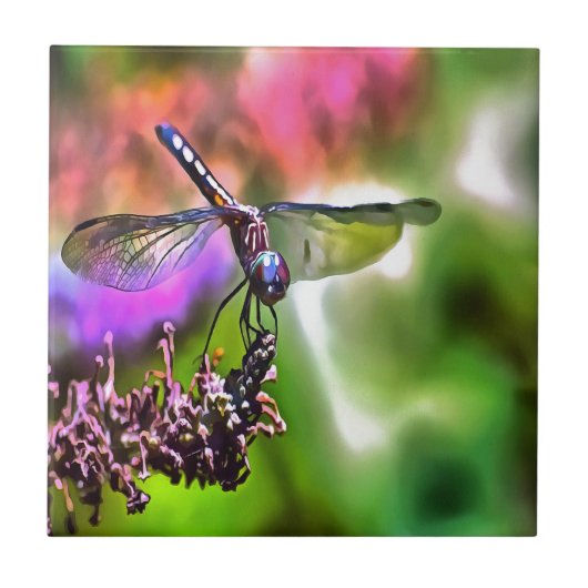 Dragonfly in groen en blauw realistische schilderi tegeltje (Voorkant)