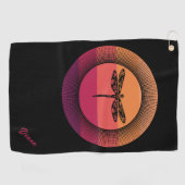 Dragonfly in Retro Sunset met naam Golfhanddoek (Horizontaal)
