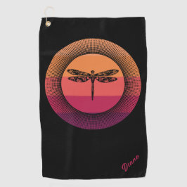 Dragonfly in Retro Sunset met naam Golfhanddoek