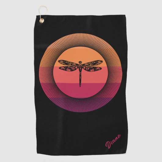Dragonfly in Retro Sunset met naam Golfhanddoek (Voorkant)