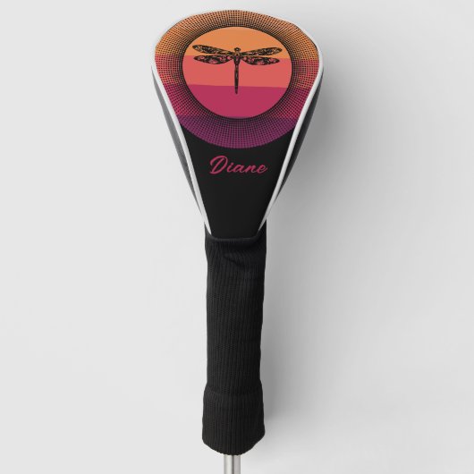 Dragonfly in Retro Sunset met naam Golfheadcover (Voorkant)