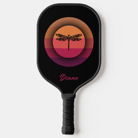 Dragonfly in Retro Sunset met naam Pickleball Paddle (Achterkant)