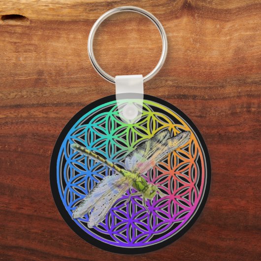 Dragonfly | kleurrijke bloem | chakra k sleutelhanger (Voorkant)