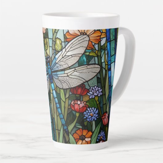 Dragonfly kunst bloemige botanische vlek glas Latte Mok (Rechterhoek)