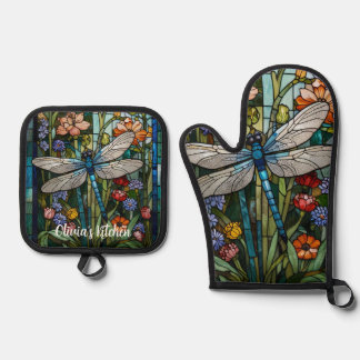 Dragonfly kunst boho bloemen botanische vlek glas ovenwant & pannenlap set