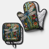 Dragonfly kunst boho bloemen botanische vlek glas ovenwant & pannenlap set (Voorkant / Achterkant)