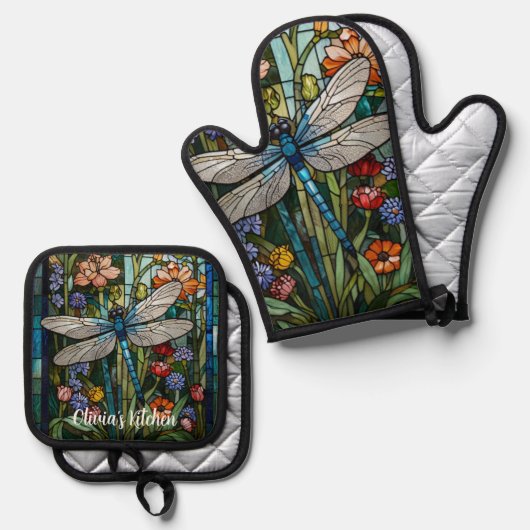 Dragonfly kunst boho bloemen botanische vlek glas ovenwant & pannenlap set (Voorkant / Achterkant)