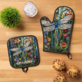 Dragonfly kunst boho bloemen botanische vlek glas ovenwant & pannenlap set (Top down)