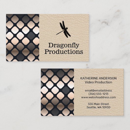 Dragonfly | Leder | Metaal vierkant patroon Visitekaartje (Voorkant / Achterkant)