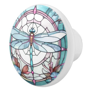 Dragonfly Lichtblauw en Wit Glas in lood Keramische Knop