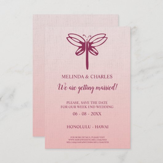 Dragonfly Logo in Burgundy on Gradient for Wedding Save The Date (Voorkant / Achterkant)