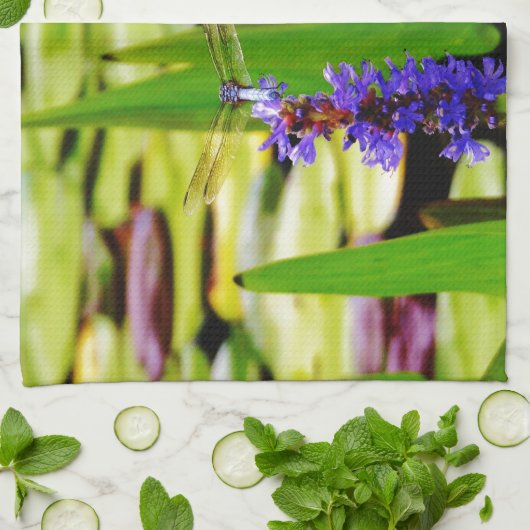 Dragonfly lotus en paarse bloem theedoek (Gevouwen)