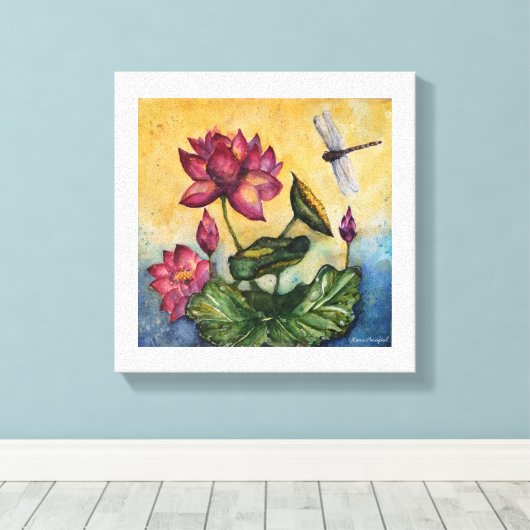 Dragonfly Lotus Waterverf Afdrukken Verpakt Canvas (Insitu (Houten vloer))
