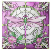 Dragonfly Magenta Roze en Wit Glas in lood Tegeltje (Voorkant)