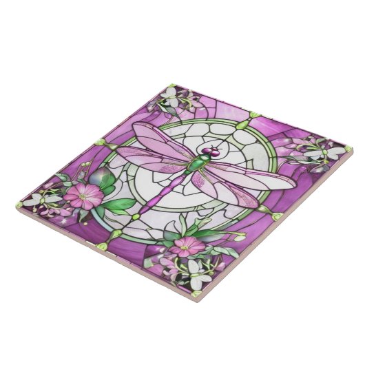 Dragonfly Magenta Roze en Wit Glas in lood Tegeltje (Zijkant)