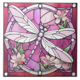 Dragonfly Magenta Roze en Wit Glas in lood Tegeltje