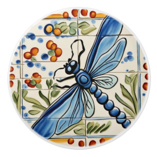 Dragonfly Mediterraans Insect Geel & Blauw Folk Keramische Knop