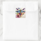 Dragonfly met bloemen veelkleurige kunst vierkante sticker (Tas)
