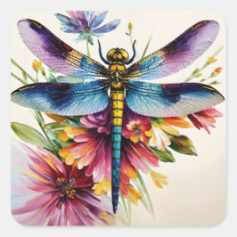 Dragonfly met bloemen veelkleurige kunst vierkante sticker