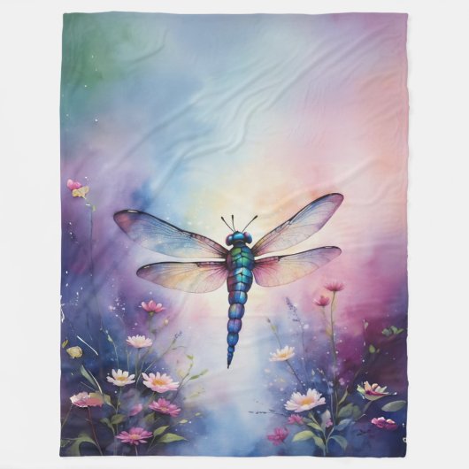 Dragonfly met Flowers Paarse Waterverf Fleece Deken (Voorkant)