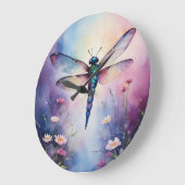 Dragonfly met Flowers Paarse Waterverf Grote Klok (Hoek)