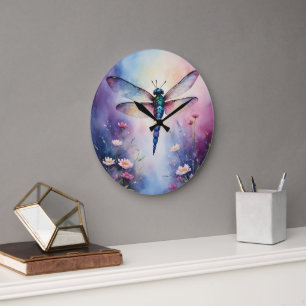 Dragonfly met Flowers Paarse Waterverf Grote Klok