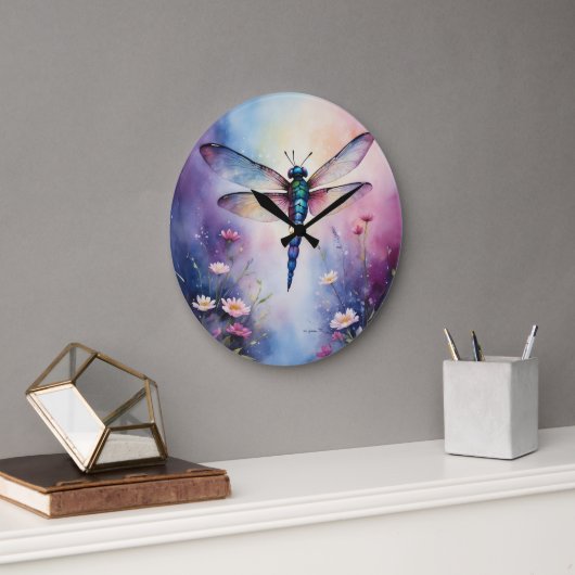Dragonfly met Flowers Paarse Waterverf Grote Klok (Kantoor)
