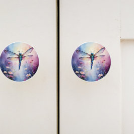 Dragonfly met Flowers Paarse Waterverf Keramische Knop