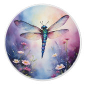 Dragonfly met Flowers Paarse Waterverf Keramische Knop (Voorkant)