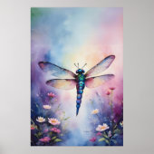 Dragonfly met Flowers Paarse Waterverf Poster (Voorkant)