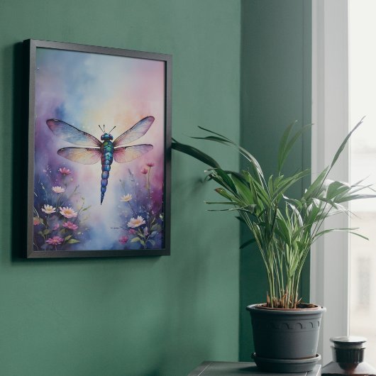 Dragonfly met Flowers Paarse Waterverf Poster